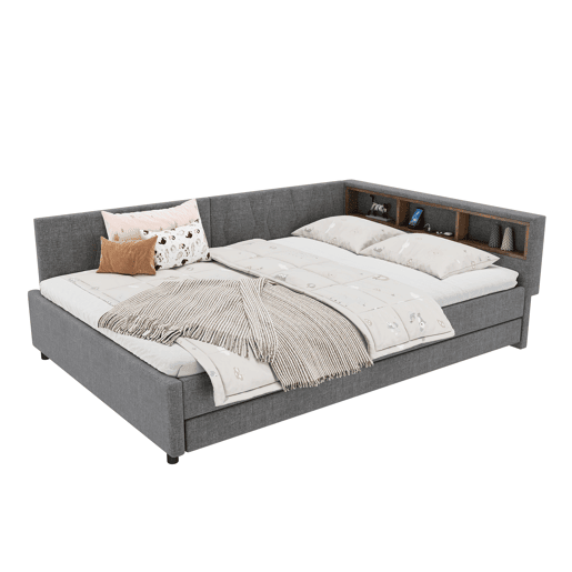 Cama Daybett 140x200cm - Sofá-cama, com compartimento, USB+Tipo C, controlo remoto para luz LED, com cama extraível, com estrado (sem colchão) - Cinza