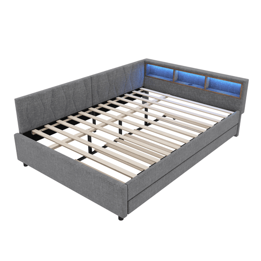 Cama Daybett 140x200cm - Sofá-cama, com compartimento, USB+Tipo C, controlo remoto para luz LED, com cama extraível, com estrado (sem colchão) - Cinza