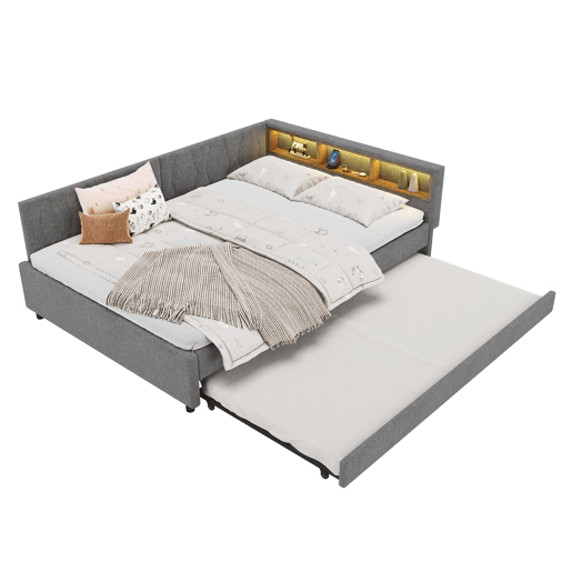 Cama Daybett 140x200cm - Sofá-cama, com compartimento, USB+Tipo C, controlo remoto para luz LED, com cama extraível, com estrado (sem colchão) - Cinza