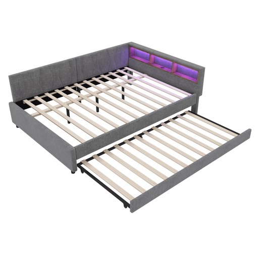 Cama Daybett 140x200cm - Sofá-cama, com compartimento, USB+Tipo C, controlo remoto para luz LED, com cama extraível, com estrado (sem colchão) - Cinza