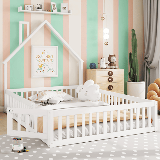 Cama infantil 140x190 cm - Cama em forma de chaminé, com estrado (sem colchão), estilo minimalista - Branco