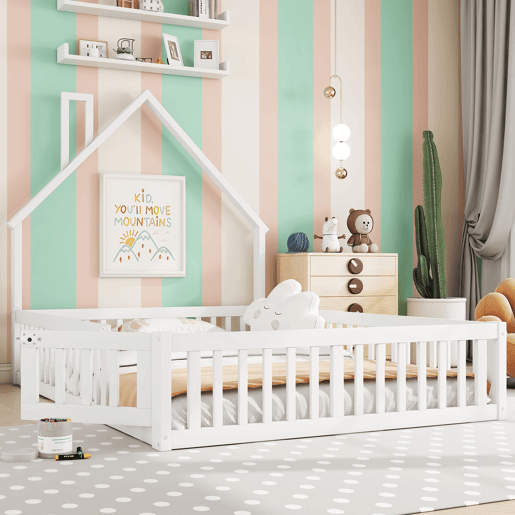 Cama infantil 140x190 cm - Cama em forma de chaminé, com estrado (sem colchão), estilo minimalista - Branco