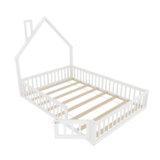 Cama infantil 140x190 cm - Cama em forma de chaminé, com estrado (sem colchão), estilo minimalista - Branco
