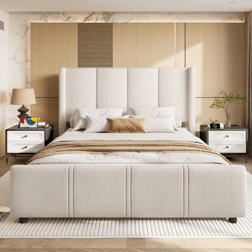 Estrutura de cama 140x200 cm - estilo moderno, cabeceira e pés altos, USB certificado, combinação de ferro e madeira - Bege