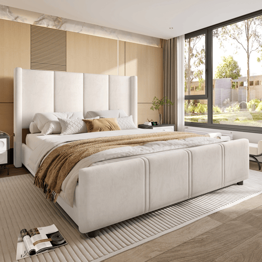 Estrutura de cama 140x200 cm - estilo moderno, cabeceira e pés altos, USB certificado, combinação de ferro e madeira - Bege