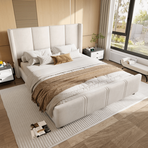Estrutura de cama 140x200 cm - estilo moderno, cabeceira e pés altos, USB certificado, combinação de ferro e madeira - Bege