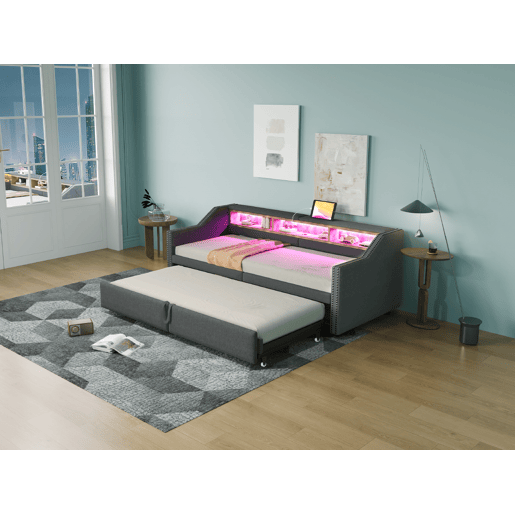 Sofá-cama extensível 90180 x 200 cm - Multifuncional, com arrumação, luz LED e porta USB - Cinza escuro