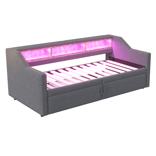Sofá-cama extensível 90180 x 200 cm - Multifuncional, com arrumação, luz LED e porta USB - Cinza escuro