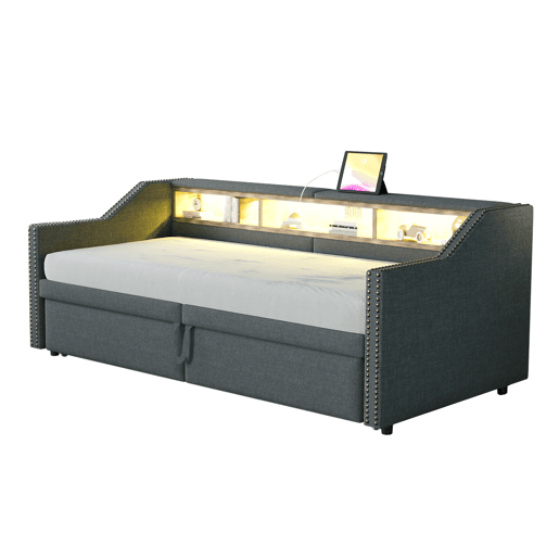 Sofá-cama extensível 90180 x 200 cm - Multifuncional, com arrumação, luz LED e porta USB - Cinza escuro