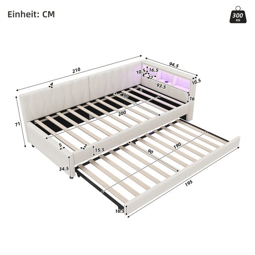 Cama Daybett 90x200cm - Sofá-cama, compartimento de arrumação, USB+Tipo C, controlo remoto para luz LED, cama extensível, linho, bege
