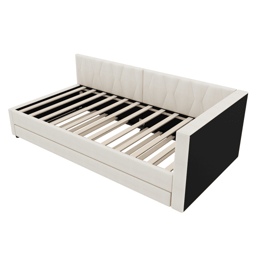 Cama Daybett 90x200cm - Sofá-cama, compartimento de arrumação, USB+Tipo C, controlo remoto para luz LED, cama extensível, linho, bege