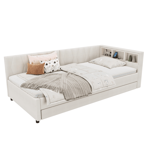 Cama Daybett 90x200cm - Sofá-cama, compartimento de arrumação, USB+Tipo C, controlo remoto para luz LED, cama extensível, linho, bege