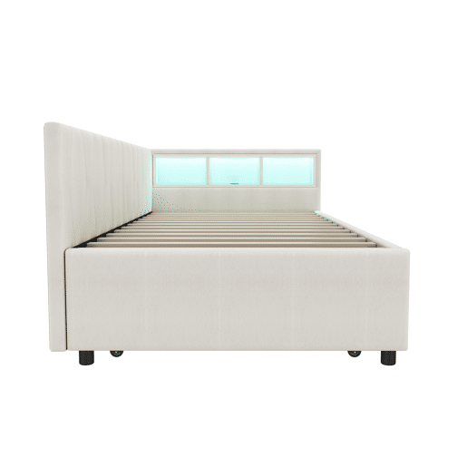 Cama Daybett 90x200cm - Sofá-cama, compartimento de arrumação, USB+Tipo C, controlo remoto para luz LED, cama extensível, linho, bege