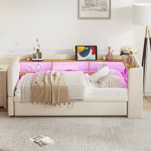 Sofá-cama extensível 90180*190 cm - Multifuncional, com LED, tomadas e compartimentos de arrumação - Bege