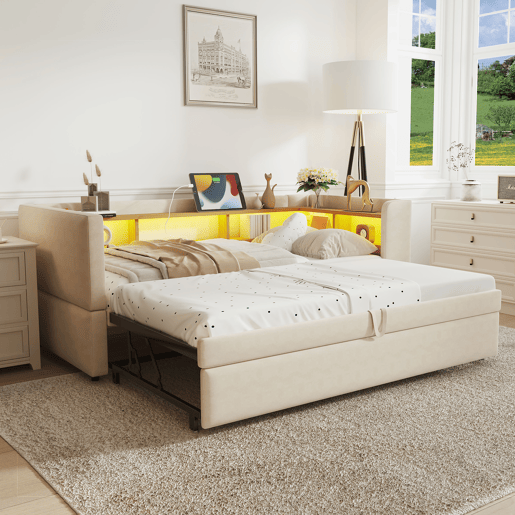 Sofá-cama extensível 90180*190 cm - Multifuncional, com LED, tomadas e compartimentos de arrumação - Bege
