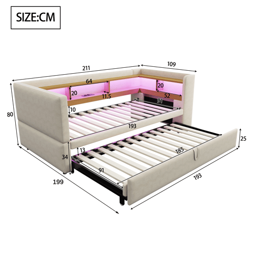 Sofá-cama extensível 90180*190 cm - Multifuncional, com LED, tomadas e compartimentos de arrumação - Bege