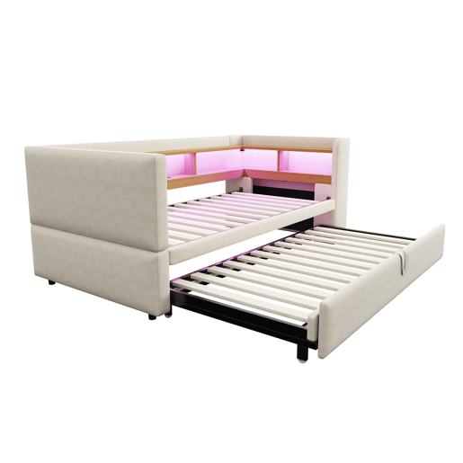 Sofá-cama extensível 90180*190 cm - Multifuncional, com LED, tomadas e compartimentos de arrumação - Bege
