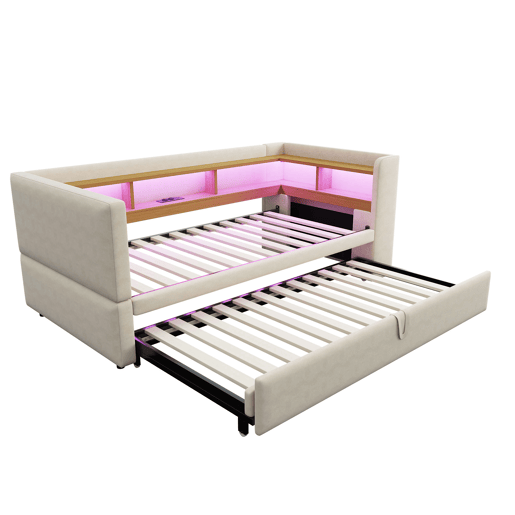 Sofá-cama extensível 90180*190 cm - Multifuncional, com LED, tomadas e compartimentos de arrumação - Bege