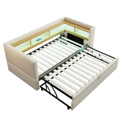 Sofá-cama extensível 90180*190 cm - Multifuncional, com LED, tomadas e compartimentos de arrumação - Bege