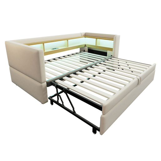 Sofá-cama extensível 90180*190 cm - Multifuncional, com LED, tomadas e compartimentos de arrumação - Bege