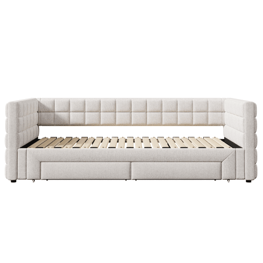 Daybett 90x200cm - Sofá-cama com encosto quadrado, cama extensível (até 180 tamanho Queen), 2 gavetas - Bege