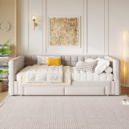Daybett 90x200cm - Sofá-cama com encosto quadrado, cama extensível (até 180 tamanho Queen), 2 gavetas - Bege