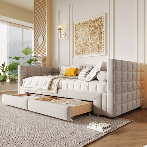 Daybett 90x200cm - Sofá-cama com encosto quadrado, cama extensível (até 180 tamanho Queen), 2 gavetas - Bege