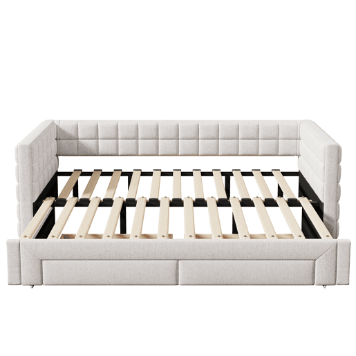 Daybett 90x200cm - Sofá-cama com encosto quadrado, cama extensível (até 180 tamanho Queen), 2 gavetas - Bege