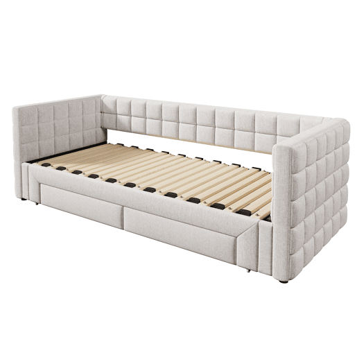 Daybett 90x200cm - Sofá-cama com encosto quadrado, cama extensível (até 180 tamanho Queen), 2 gavetas - Bege