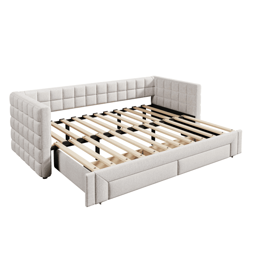 Daybett 90x200cm - Sofá-cama com encosto quadrado, cama extensível (até 180 tamanho Queen), 2 gavetas - Bege