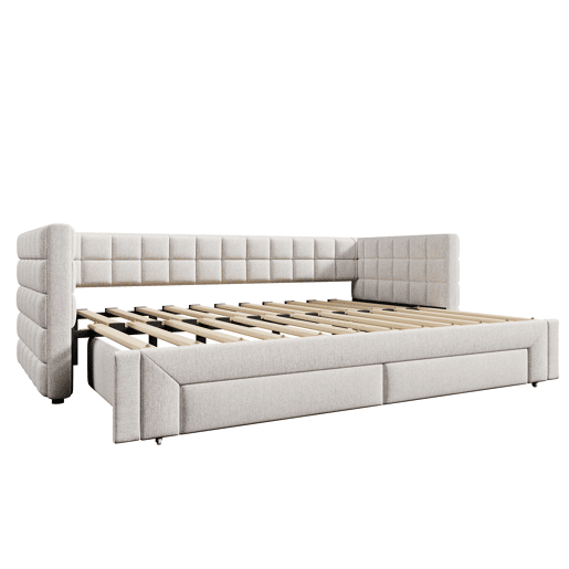 Daybett 90x200cm - Sofá-cama com encosto quadrado, cama extensível (até 180 tamanho Queen), 2 gavetas - Bege