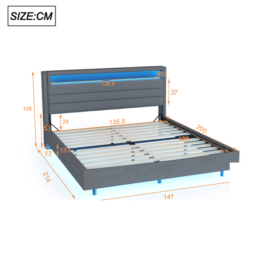 Cama estofada 140x200 cm - Com tomada USB e luz LED, cabeceira reversível, pé oculto, cama de casal, cama juvenil, cama para adultos - Cinza