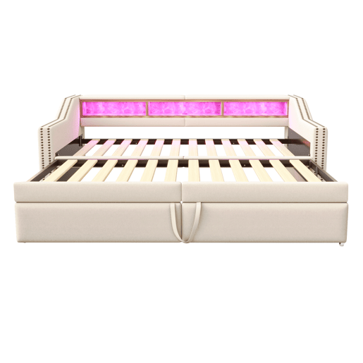 Sofá-cama extensível 90180 x 200 cm - Multifuncional com arrumação, luz LED e porta USB, com estrado, bege