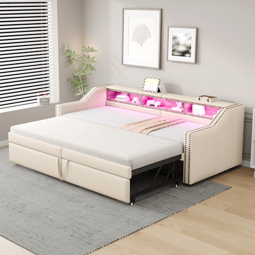 Sofá-cama extensível 90180 x 200 cm - Multifuncional com arrumação, luz LED e porta USB, com estrado, bege
