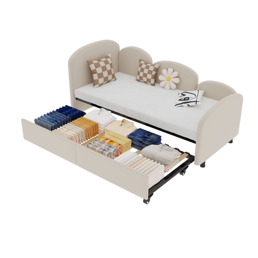 Sofá-cama tamanho twin - com gavetas de arrumação, estofado em veludo - bege