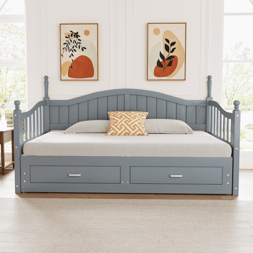 Sofá-cama extensível 90180*190 cm - com colunas romanas, encosto curvo, apoios de braços, gavetas e estrado - Cinza