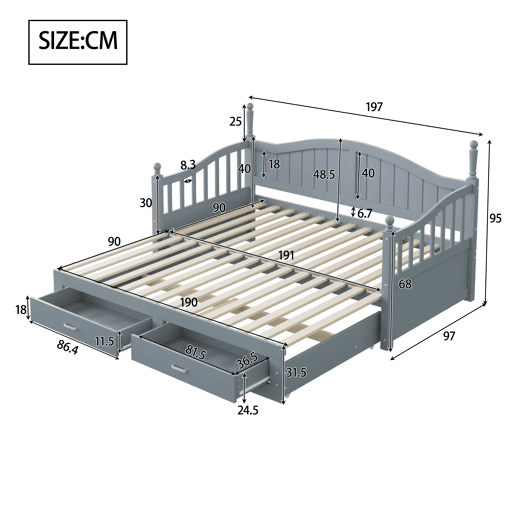Sofá-cama extensível 90180*190 cm - com colunas romanas, encosto curvo, apoios de braços, gavetas e estrado - Cinza