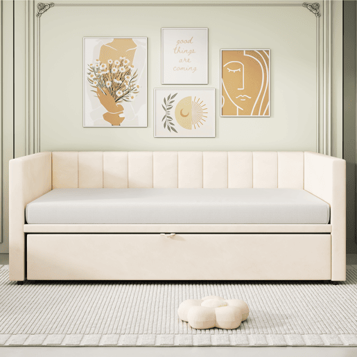 Sofá-cama 90180*200 cm - Com estrado de ripas, Cama multifuncional em veludo macio - Bege