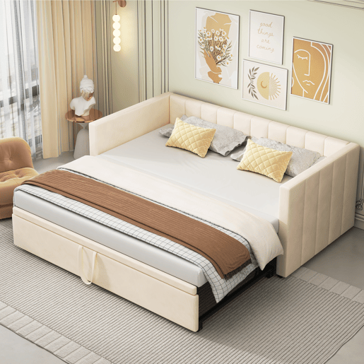 Sofá-cama 90180*200 cm - Com estrado de ripas, Cama multifuncional em veludo macio - Bege