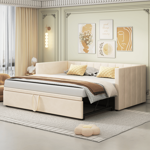 Sofá-cama 90180*200 cm - Com estrado de ripas, Cama multifuncional em veludo macio - Bege