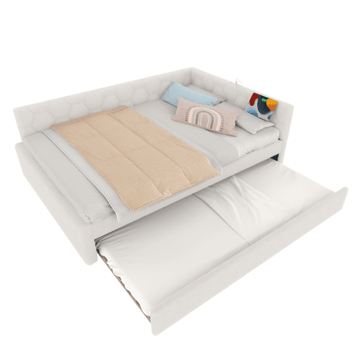 Cama Daybett 140x200cm - Sofá-cama, com candeeiro de mesa, cama extensível multifuncional, porta USB e Tipo-C, sem colchão - Branco