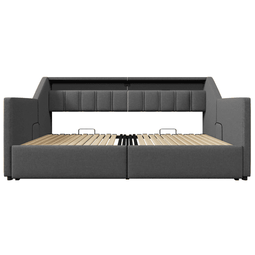 Sofá-cama, 90x200 cm - Com USB e Type-C, LED com comando remoto, 2 gavetas, bolsas de armazenamento - Cinza