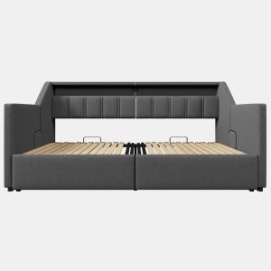 Sofá-cama, 90x200 cm - Com USB e Type-C, LED com comando remoto, 2 gavetas, bolsas de armazenamento - Cinza