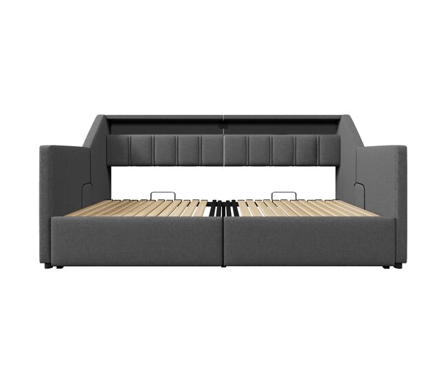 Sofá cama, 90x200 cm - con usb y type-c, led con mando a distancia, 2 cajones, bolsas de almacenamiento - gris