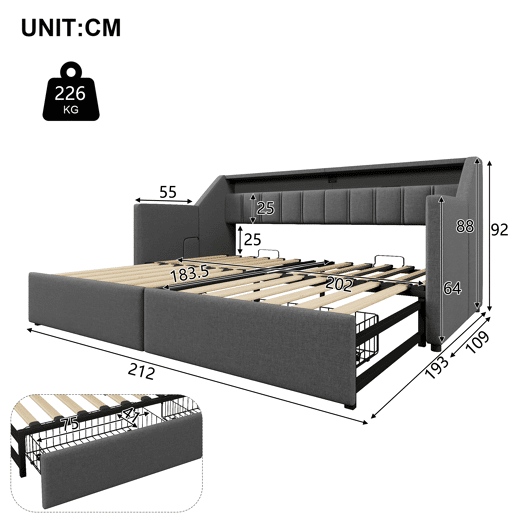 Sofá-cama, 90x200 cm - Com USB e Type-C, LED com comando remoto, 2 gavetas, bolsas de armazenamento - Cinza