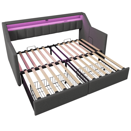 Sofá-cama, 90x200 cm - Com USB e Type-C, LED com comando remoto, 2 gavetas, bolsas de armazenamento - Cinza