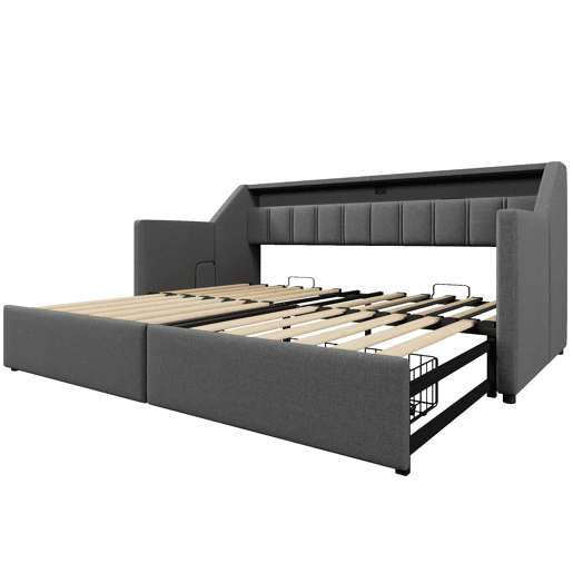 Sofá-cama, 90x200 cm - Com USB e Type-C, LED com comando remoto, 2 gavetas, bolsas de armazenamento - Cinza