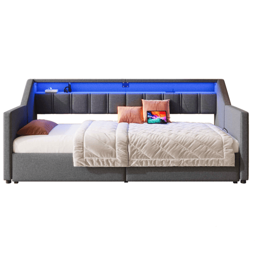Sofá-cama, 90x200 cm - Com USB e Type-C, LED com comando remoto, 2 gavetas, bolsas de armazenamento - Cinza