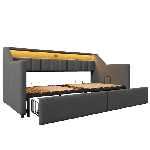 Sofá-cama, 90x200 cm - Com USB e Type-C, LED com comando remoto, 2 gavetas, bolsas de armazenamento - Cinza