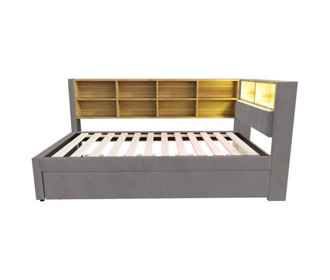 Sofá cama 90x200 - cama extraíble 90x190, con luces led, enchufes y múltiples compartimentos, sofá multifuncional, cama individual, flanela - gris